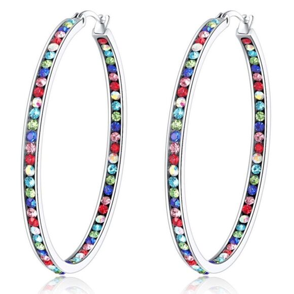 14K White Gold with Multi Colored Cubic Zirconia Big Hoop Latch Back Earrings - Picture 1 of 6